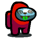 Red Among Us crewmate with a blue face, spiral eyes, and a green dollar sign tongue.