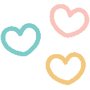 A row of pastel pink, blue, and gold pixel hearts.
