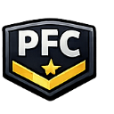 A dark shield emblem with the letters PFC in white and a gold star above a gold chevron.
