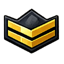 Gold chevron rank insignia with black trim on a dark background.