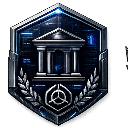 A metallic hexagonal badge featuring a building icon surrounded by laurel leaves.