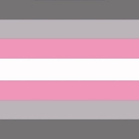 Demigirl pride flag with horizontal stripes of gray, light gray, pink, white, pink, light gray, and gray.