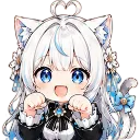 Anime girl with white hair and cat ears making a playful cat paw gesture with her hands.
