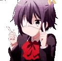 Rikka Takanashi with an eyepatch making finger gun gestures with both hands.