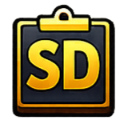 A gold-bordered clipboard icon with the letters SD in yellow against a dark background.