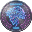 A circular coin with a glowing blue profile of a person and neon text, surrounded by a laurel wreath.