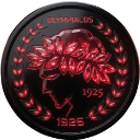 Black circular coin with a glowing red laurel wreath and the number 1925 in the center.