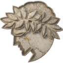 A weathered marble bust wearing a laurel wreath with a large crack running down its face.