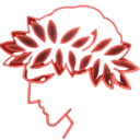 A glowing red line-art profile of a Roman bust wearing a laurel wreath against a black background.