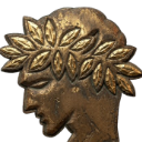 A bronze bust of a person wearing a laurel wreath facing left.