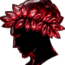 Silhouette of a head wearing a crown made of glowing red gemstones against a black background.