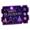 A purple ticket with the text Danii's Playground, decorated with a moon, stars, candles, and crystals.