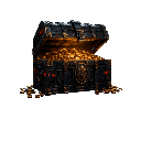 A row of dark, ornate treasure chests overflowing with glowing gold coins.