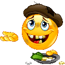 A yellow smiley face wearing a brown cap, grinning with missing teeth, holding out a hand and a bowl containing coins.