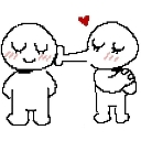 Two simple figures sharing a kiss on the cheek with a small red heart floating above them.