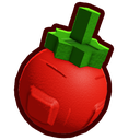 A 3D-rendered red tomato with a blocky green stem and a mischievous expression.