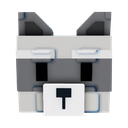 A blocky, gray and white animal head with a suspicious expression.