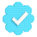 A light blue pixelated badge with a white checkmark in the center.
