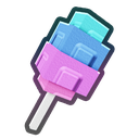 Popsicle with layered pink and blue blocky segments on a white stick.