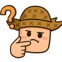 A cartoon character wearing a straw hat with a question mark floating nearby, looking confused with a hand on their chin.