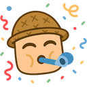 Character wearing a brown hat blowing a blue party horn with colorful confetti shapes in the background.