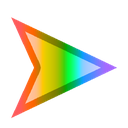 A rainbow-colored arrow pointing to the right with a digital glitch effect.