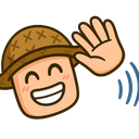 A cartoon explorer wearing a tan hat waving with a wide, happy smile.