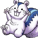 A cute, light purple squirrel with a blue tail standing on its hind legs with both paws raised in the air.