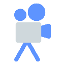 A pixel art camcorder in blue and white colors.