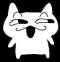 A simple white line-art cat with a smug expression and shifty eyes against a black background.