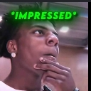 IShowSpeed resting his chin on his hand with a thoughtful expression and green text reading IMPRESSED above his head.
