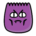 A purple monster with a grumpy expression, fangs, and narrowed eyes.