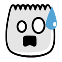 A ghost with wide, circular eyes and an open mouth, featuring a large blue sweat drop on its side.