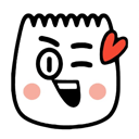 A white cartoon character winking with a magnifying glass over one eye and a red heart floating nearby.