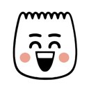 Character with a wide, happy grin and pink rosy cheeks.
