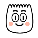 Character with a blank expression and pink blush on its cheeks.