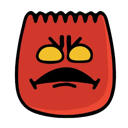 A red blob character with a thick black mustache and angry yellow eyes looking unimpressed.