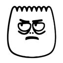 A white cartoon character with a grumpy expression and suspicious side-eye gaze on a black background.