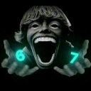 A distorted screaming face with glowing green numbers six and seven floating in front of hands.