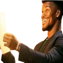 A man holding a paper with a smug, triumphant expression on his face.