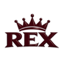 The word REX in 3D red letters with a matching crown sitting on top against a black background.