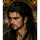Man with long dark hair and a beard looking off to the side with a serious, intense expression.