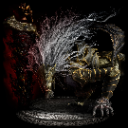 Monster with long flowing hair and golden armor stands in a dark, red-lit environment.