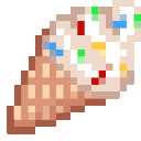 Ice cream cone in pixel art style with colorful sprinkles.