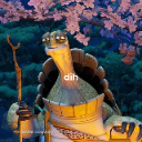 A wise old turtle with a wooden staff stands under a flowering cherry blossom tree.