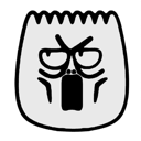 A stylized face with wide, intense eyes and a gaping mouth expressing shock.
