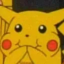 Pikachu with puffed cheeks and a slight smile trying to hold back a laugh.