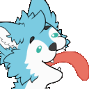 A blue creature with white fur patches sticking its tongue out repeatedly in a playful, teasing manner.
