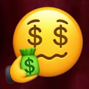 Yellow smiley face with dollar signs for eyes holding a green money bag in its hand.