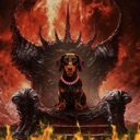 A dachshund sitting on a dark, spiked throne surrounded by flames.
